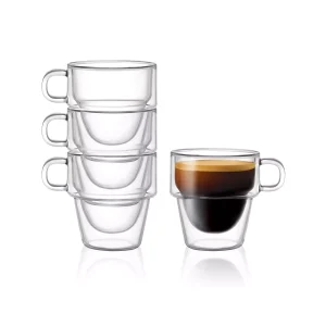 JoyJolt Stoiva Double Walled Espresso Glass Cups - Set of 4 Stackable Shot Mugs with Handle - 5 oz