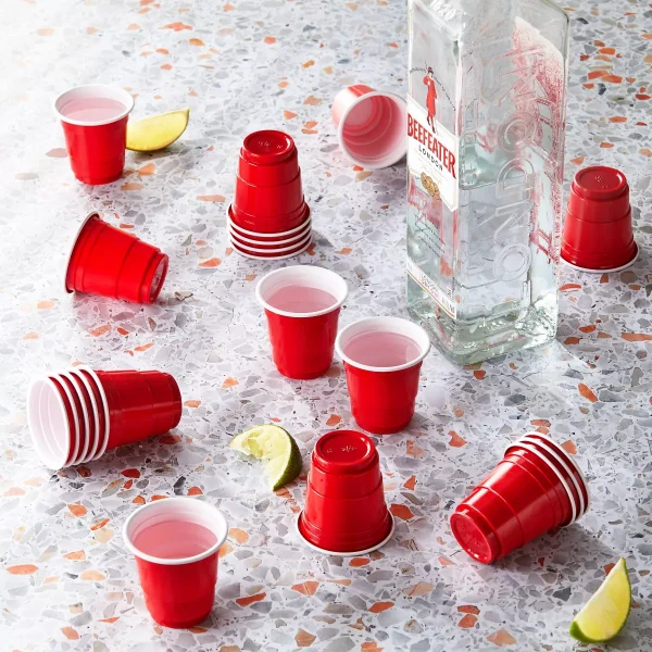 Houdini 20pk Disposable Shot Glasses: Red Plastic Shot Cups, 2oz Capacity, Solid Pattern, Art & Design Theme